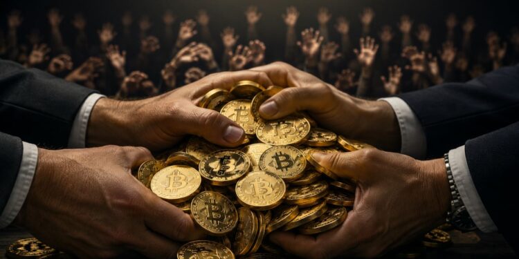Dos manos agarrando monedas físicas de bitcoin.