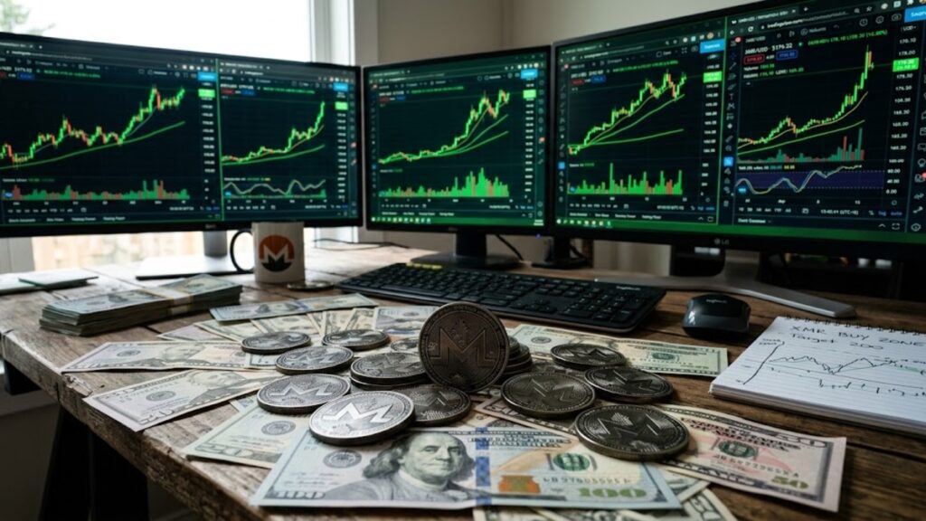 Monedas de XMR con dólares alrededor y gráficas de mercado en verde en el fondo.