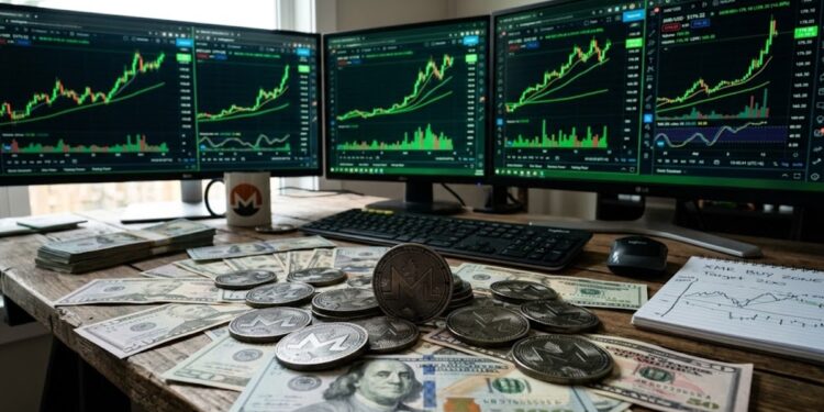 Monedas de XMR con dólares alrededor y gráficas de mercado en verde en el fondo.