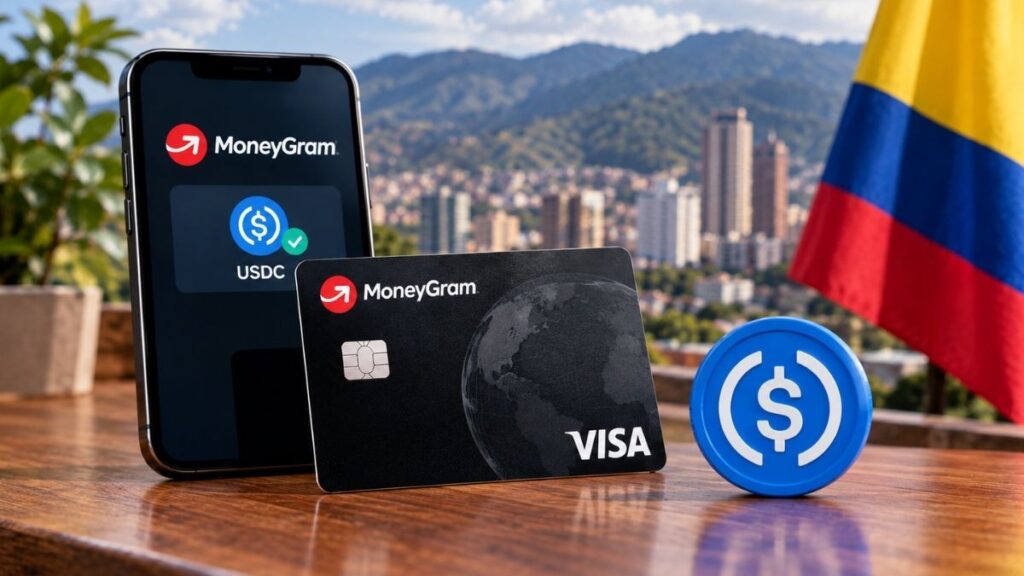 Tarjeta Visa MoneyGram y aplicación móvil USDC con bandera de Colombia.