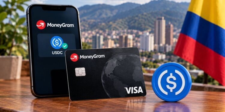 Tarjeta Visa MoneyGram y aplicación móvil USDC con bandera de Colombia.