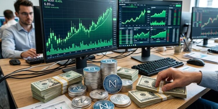 Monedas de NEAR con gráficos verdes y dólares alrededor.