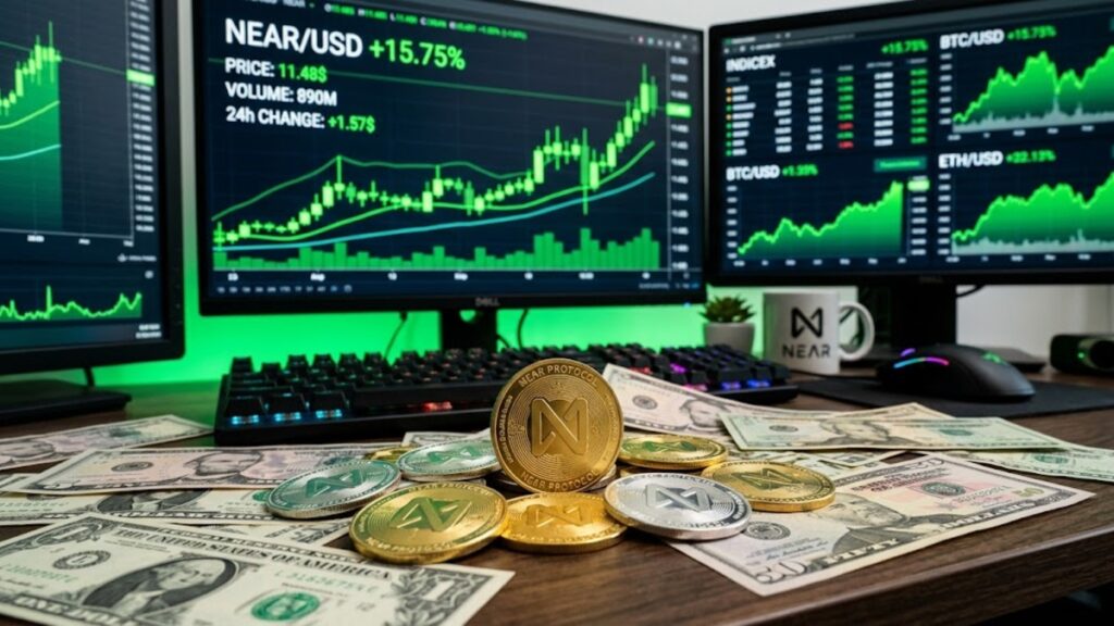 Monedas de NEAR con gráficos de mercado en verde en el fondo y dólares alrededor.
