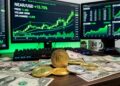 Monedas de NEAR con gráficos de mercado en verde en el fondo y dólares alrededor.