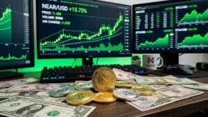 Monedas de NEAR con gráficos de mercado en verde en el fondo y dólares alrededor.