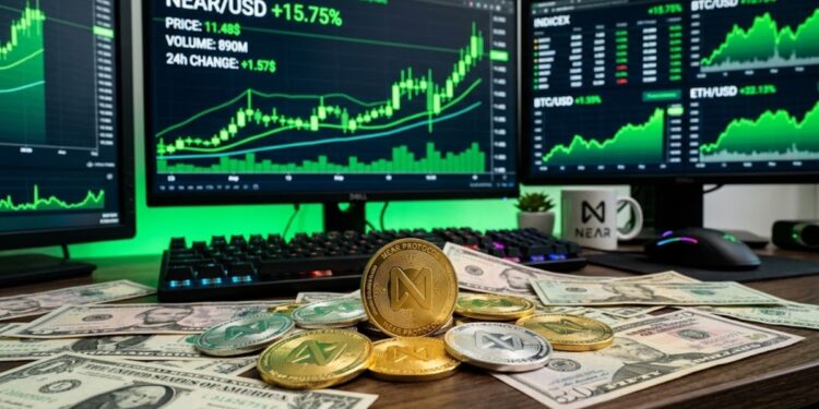 Monedas de NEAR con gráficos de mercado en verde en el fondo y dólares alrededor.