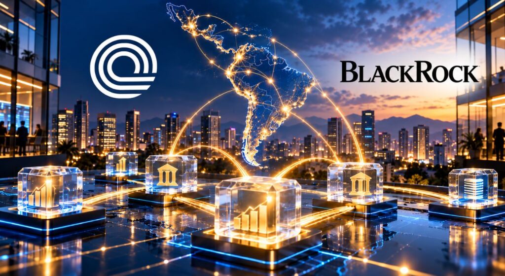 Activos tokenizados debajo del logo de Ondo y de BlackRock.