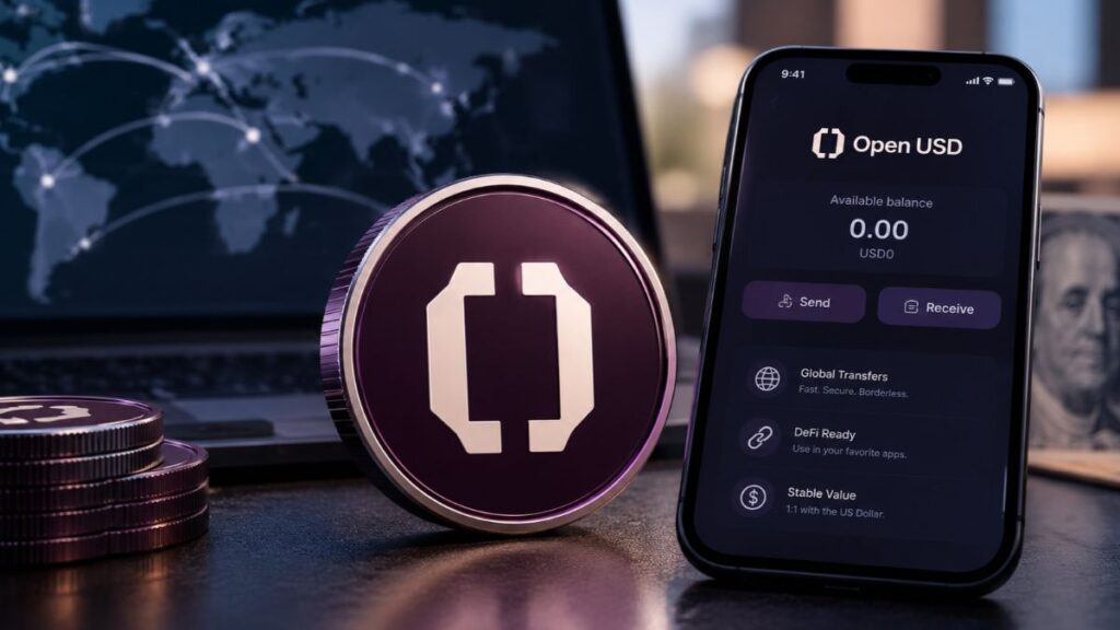 Moneda física de criptomoneda con el logotipo de Open USD junto a un smartphone que muestra la aplicación de billetera digital Open USD.