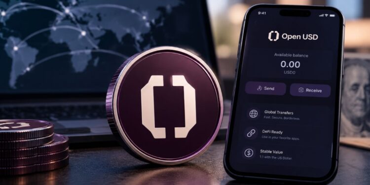Moneda física de criptomoneda con el logotipo de Open USD junto a un smartphone que muestra la aplicación de billetera digital Open USD.