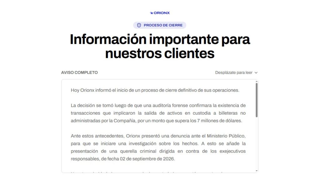 Comunicado de Orionx.