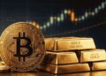 imagen realista del oro y de la moneda de bitcoin, con unas velas de fondo.