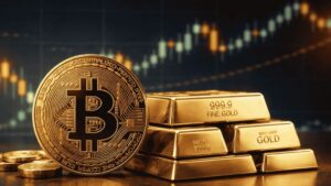 imagen realista del oro y de la moneda de bitcoin, con unas velas de fondo.