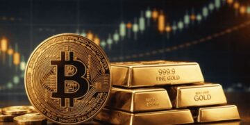 imagen realista del oro y de la moneda de bitcoin, con unas velas de fondo.