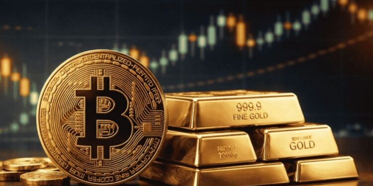 imagen realista del oro y de la moneda de bitcoin, con unas velas de fondo.
