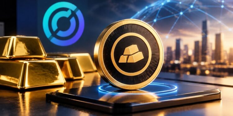 Moneda digital con un icono de lingotes de oro junto al logotipo de Circle y lingotes físicos de fondo.