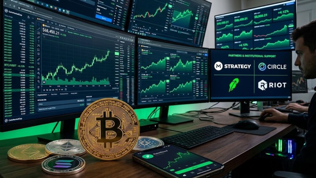 Bitcoin y otras criptomonedas, con gráficos de mercado en verde en el fondo, y los logos de Strategy, Circle, Robinhood y Riot.