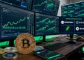 Bitcoin y otras criptomonedas, con gráficos de mercado en verde en el fondo, y los logos de Strategy, Circle, Robinhood y Riot.