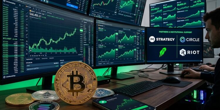Bitcoin y otras criptomonedas, con gráficos de mercado en verde en el fondo, y los logos de Strategy, Circle, Robinhood y Riot.