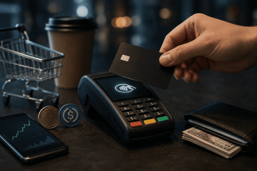 Tarjeta sin logo acercándose a un terminal de pago contactless, junto a criptomonedas, un celular con gráfico ascendente y una billetera con efectivo.