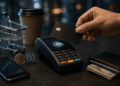 Tarjeta sin logo acercándose a un terminal de pago contactless, junto a criptomonedas, un celular con gráfico ascendente y una billetera con efectivo.