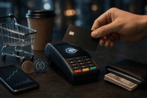 Tarjeta sin logo acercándose a un terminal de pago contactless, junto a criptomonedas, un celular con gráfico ascendente y una billetera con efectivo.