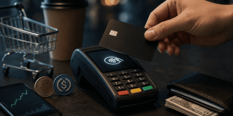 Tarjeta sin logo acercándose a un terminal de pago contactless, junto a criptomonedas, un celular con gráfico ascendente y una billetera con efectivo.
