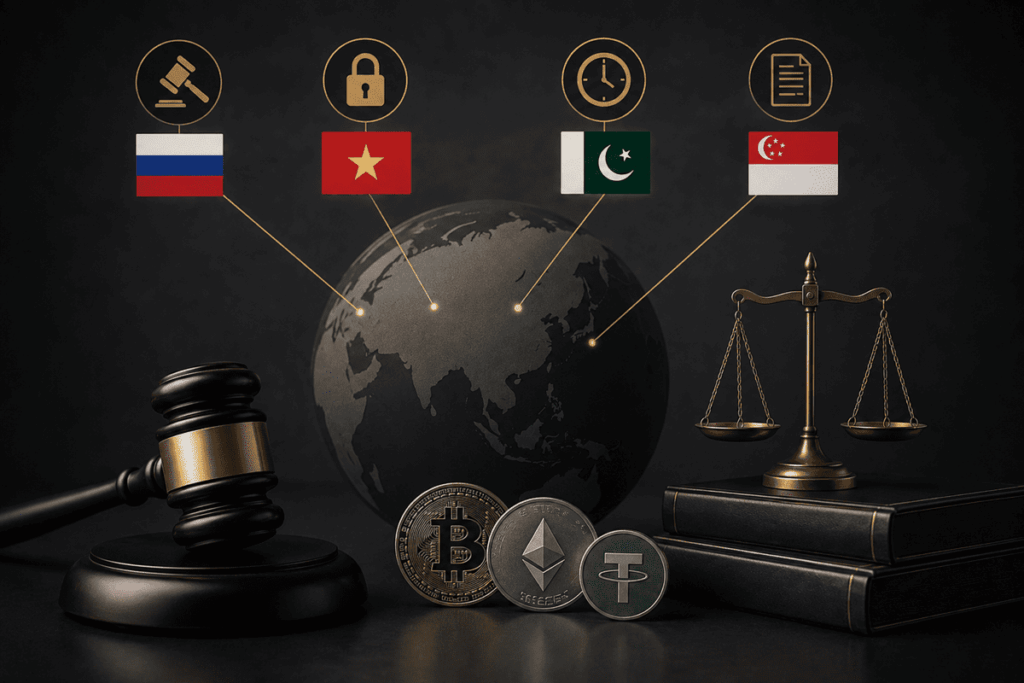 Globo, criptomonedas y símbolos de regulación financiera de cuatro países.