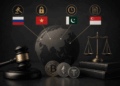 Globo, criptomonedas y símbolos de regulación financiera de cuatro países.