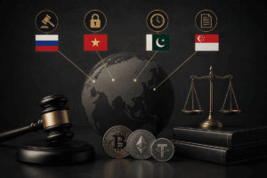 Globo, criptomonedas y símbolos de regulación financiera de cuatro países.