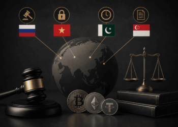 Globo, criptomonedas y símbolos de regulación financiera de cuatro países.