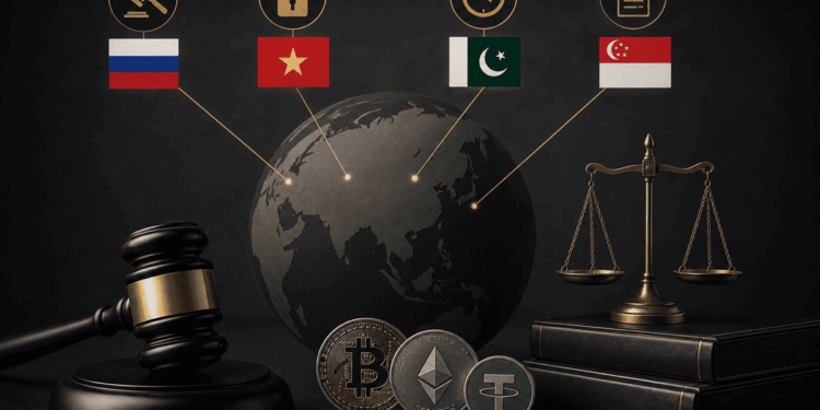 Globo, criptomonedas y símbolos de regulación financiera de cuatro países.