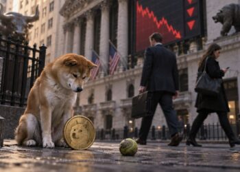 Un perro mira una moneda de dogecoin en Wall Street