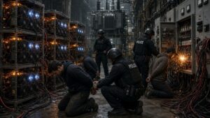 Agentes de policía arrestando a sospechosos en una granja ilegal de minería de bitcoin.