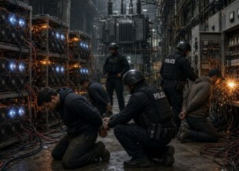 Agentes de policía arrestando a sospechosos en una granja ilegal de minería de bitcoin.