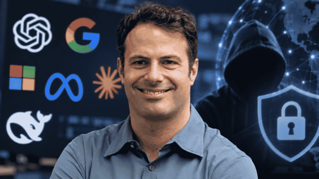 Primer plano: Peter Yared. En el fondo: logos de herramientas de IA.