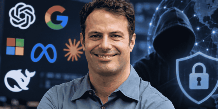 Primer plano: Peter Yared. En el fondo: logos de herramientas de IA.