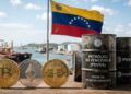 Monedas de bitcoin, ether y USDT, junto a petróleo, y la bandera de Venezuela en el fondo.
