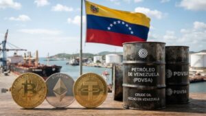 Monedas de bitcoin, ether y USDT, junto a petróleo, y la bandera de Venezuela en el fondo.