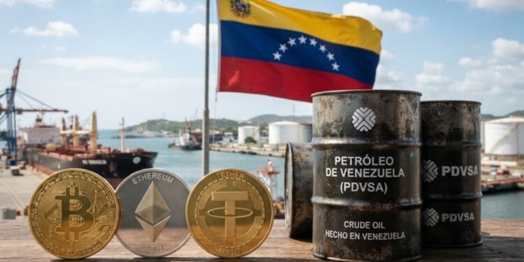 Monedas de bitcoin, ether y USDT, junto a petróleo, y la bandera de Venezuela en el fondo.