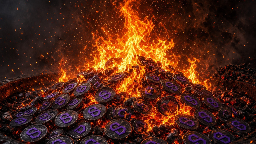 Quema masiva de monedas polygon con sobre carbones ardientes.