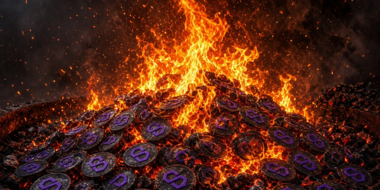 Quema masiva de monedas polygon con sobre carbones ardientes.