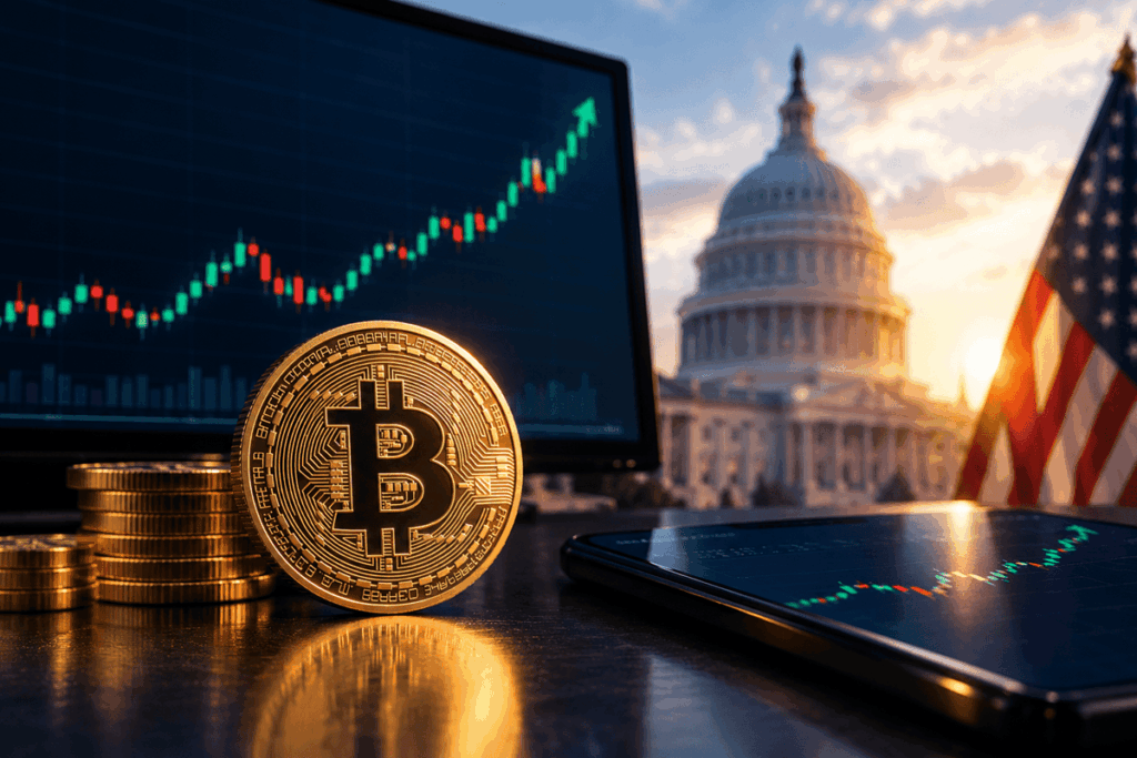 Bitcoin dorado frente a gráficos alcistas, con el Capitolio y la bandera de Estados Unidos al fondo.