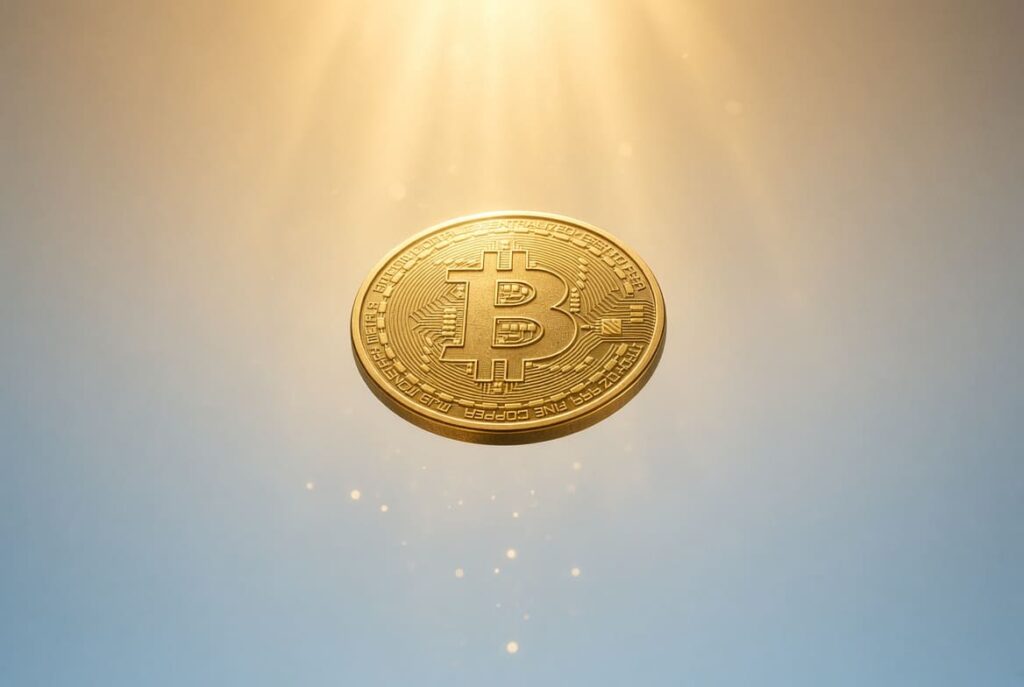 Moneda dorada de Bitcoin flotando en el centro, iluminada por suaves rayos de luz dorada