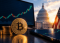 Bitcoin dorado frente a gráficos alcistas, con el Capitolio y la bandera de Estados Unidos al fondo.