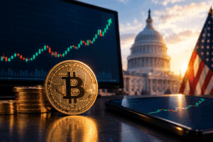 Bitcoin dorado frente a gráficos alcistas, con el Capitolio y la bandera de Estados Unidos al fondo.