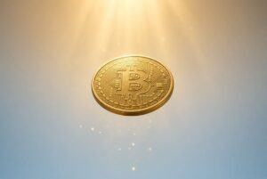 Moneda dorada de Bitcoin flotando en el centro, iluminada por suaves rayos de luz dorada