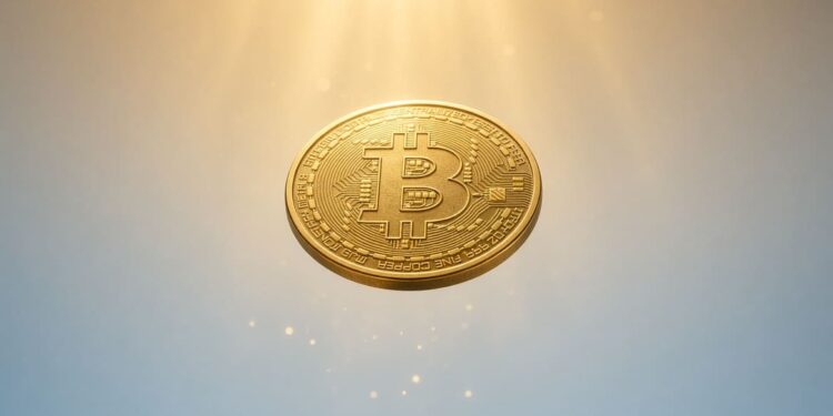 Moneda dorada de Bitcoin flotando en el centro, iluminada por suaves rayos de luz dorada