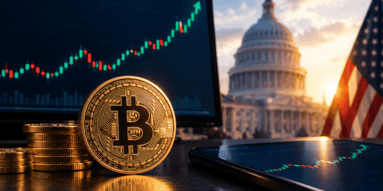 Bitcoin dorado frente a gráficos alcistas, con el Capitolio y la bandera de Estados Unidos al fondo.