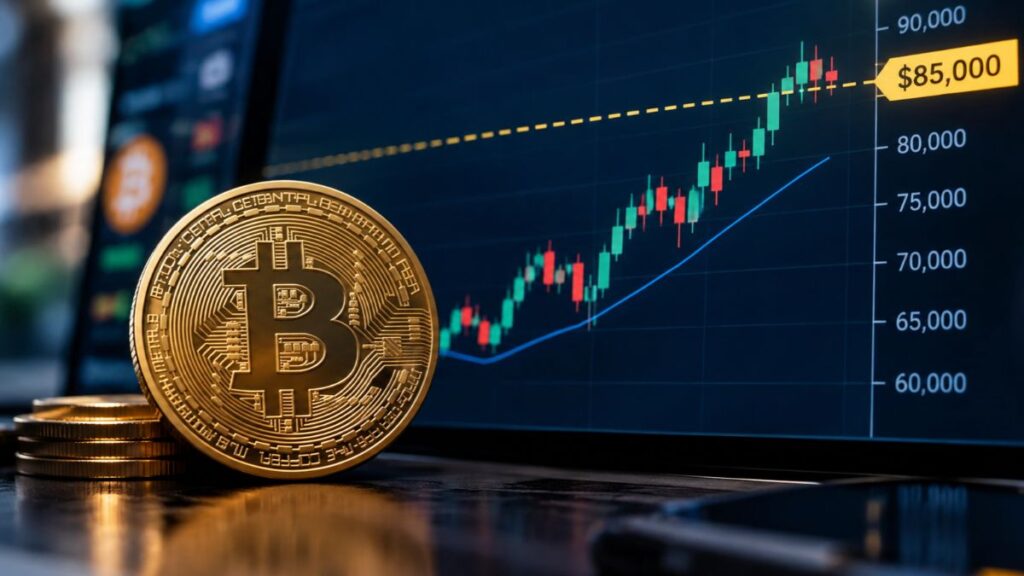 Moneda física de Bitcoin dorada junto a una pantalla con un gráfico financiero alcista alcanzando los USD 85.000.