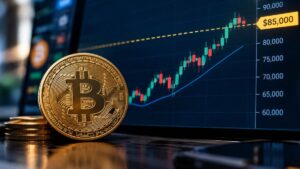 Moneda física de Bitcoin dorada junto a una pantalla con un gráfico financiero alcista alcanzando los USD 85.000.